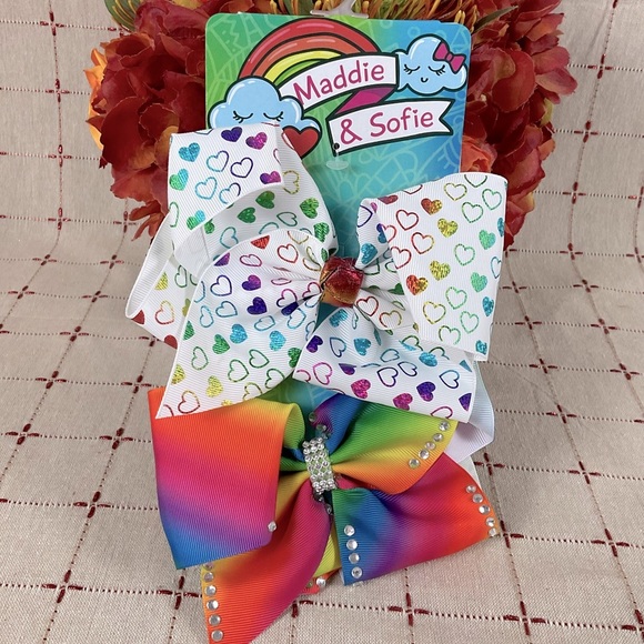 Maddie & Sophie XL Hairbows Unicorns Hearts Rainbow Colorful Splatter 4 Bows - Picture 2 of 3